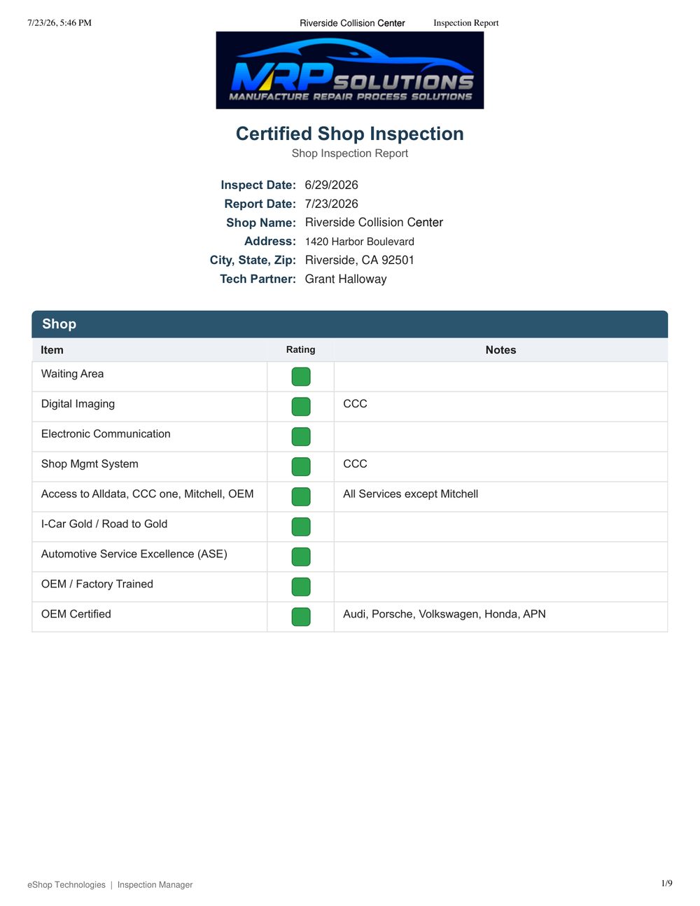 Inspection report page 1 of 9