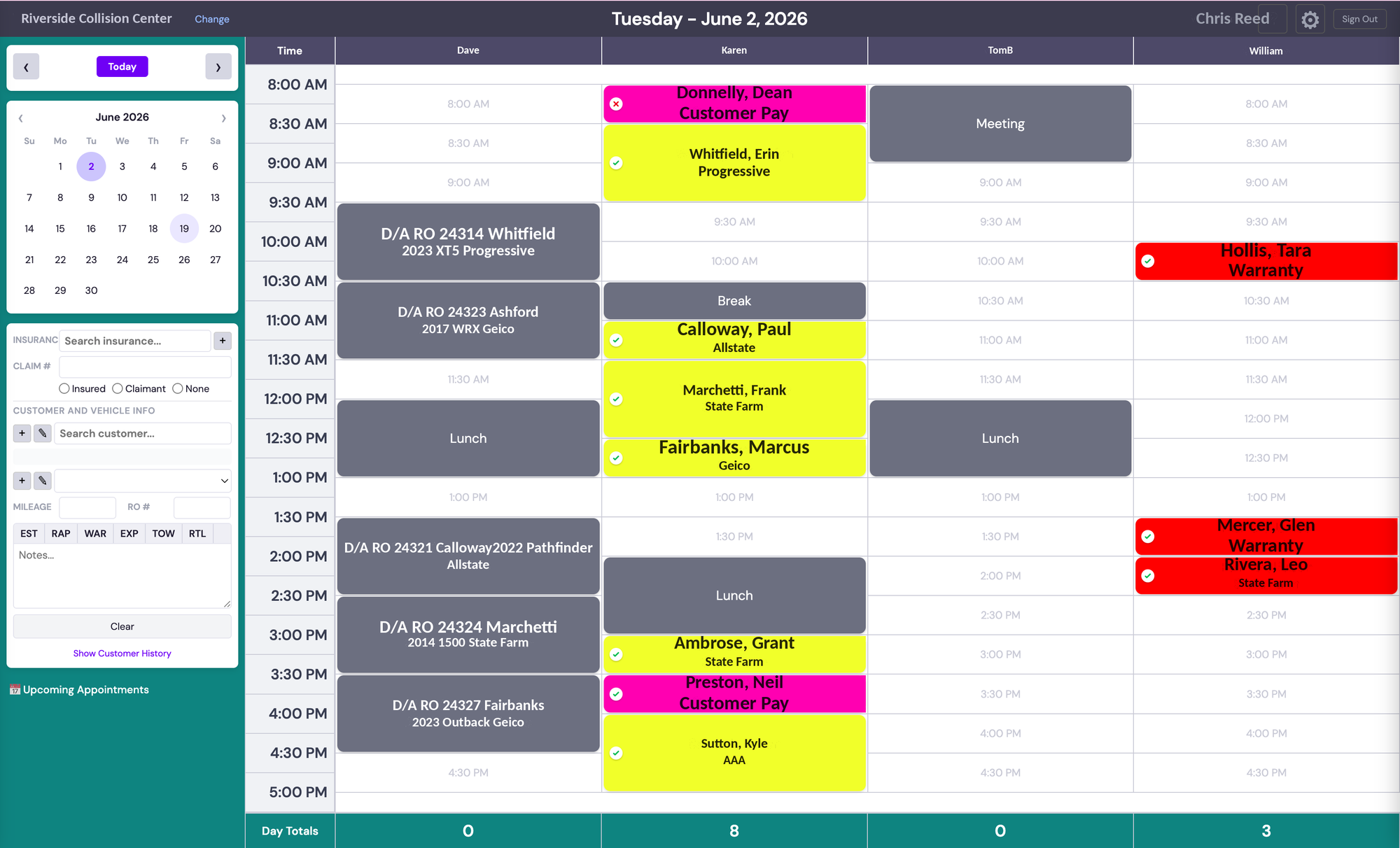 eShop Scheduler daily board showing colour-coded appointments across four writer columns, day totals, and the booking panel